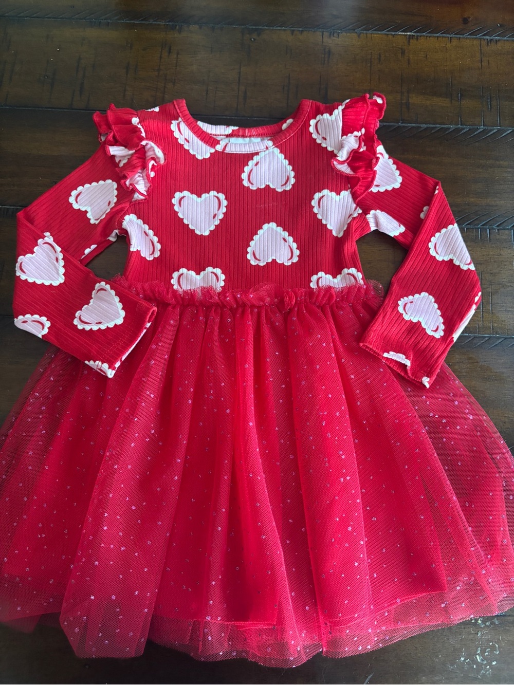 Girls' Red Heart Print Tulle Dress
